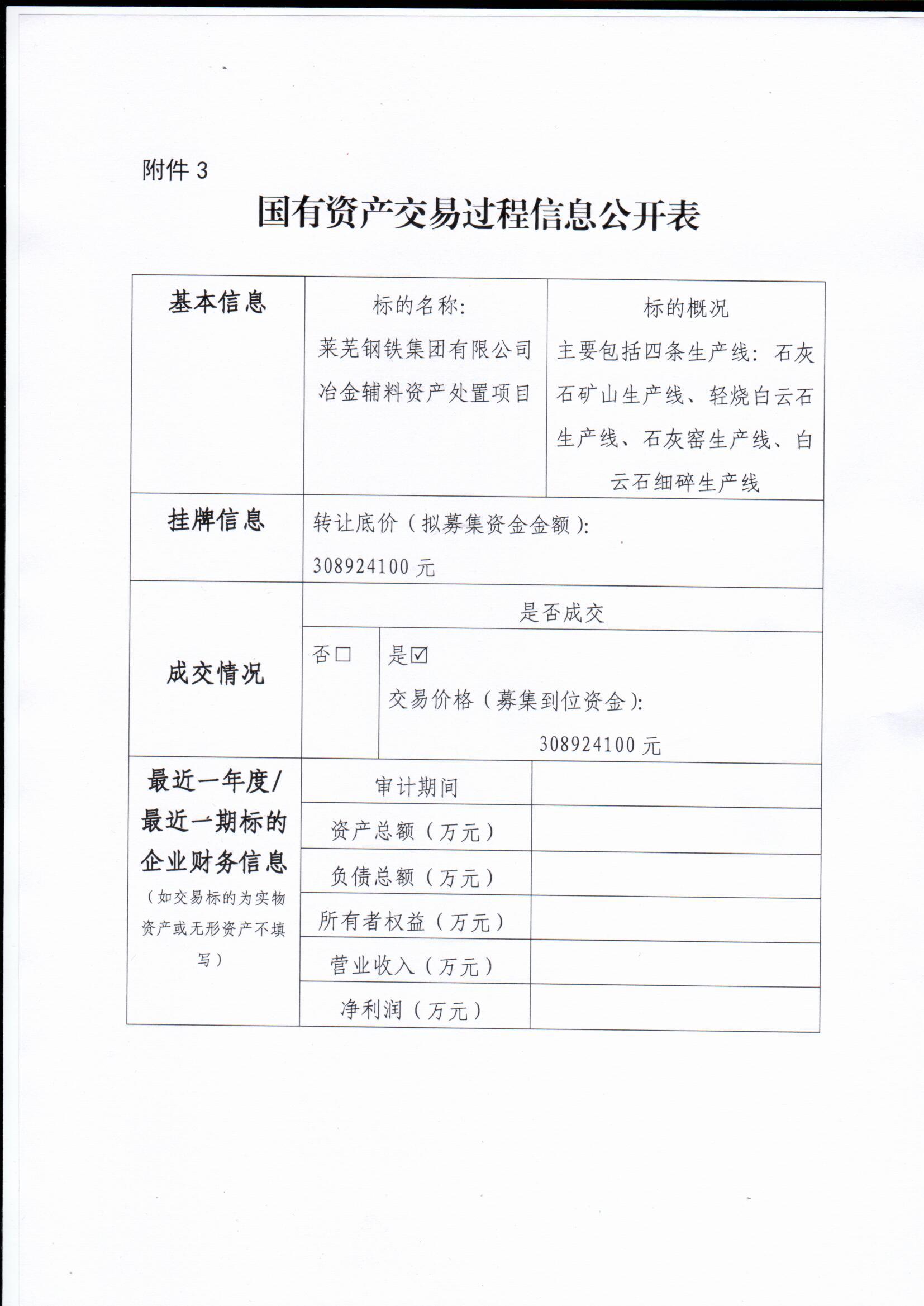 國有資產(chǎn)交易過程信息公開表(萊鋼集團冶金輔料資產(chǎn)處置項目) 國有資產(chǎn)交易過程信息公開表(萊鋼集團冶金輔料資產(chǎn)處置項目)